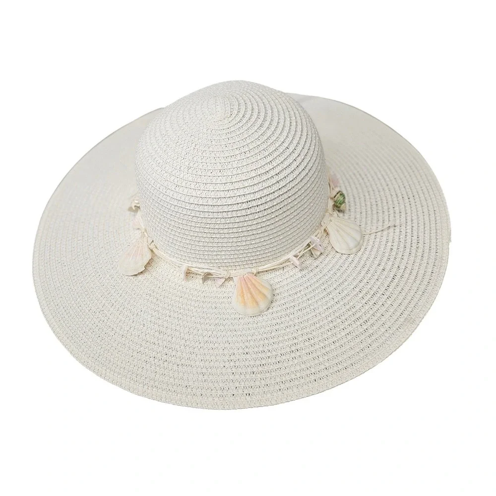 Womens White‎ Paper Straw Sun Hat Seashell Trim Wide Brim Beach Fedora Summer